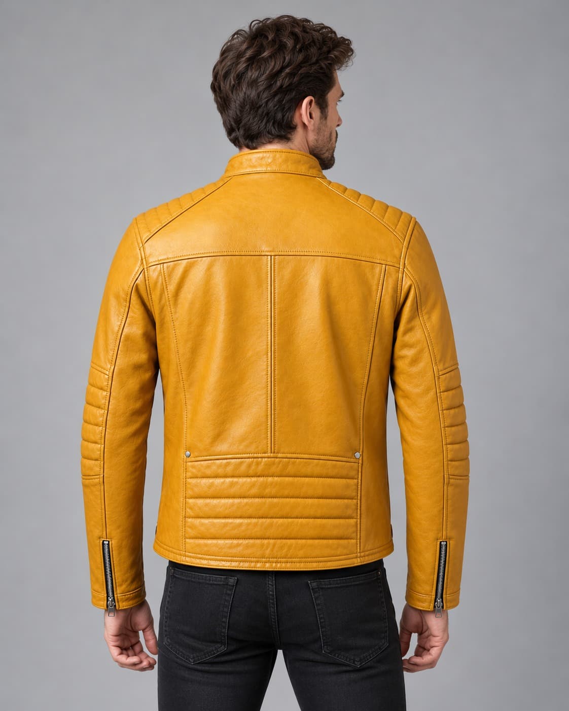 Men's Mustard Yellow Quilted Leather Cafe Racer Jacket back view by avanzar leather