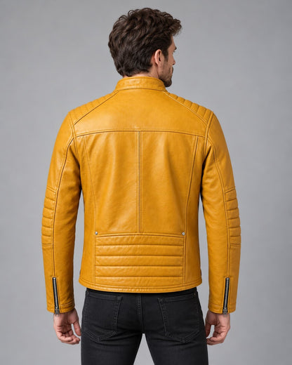 Men's Mustard Yellow Quilted Leather Cafe Racer Jacket back view by avanzar leather