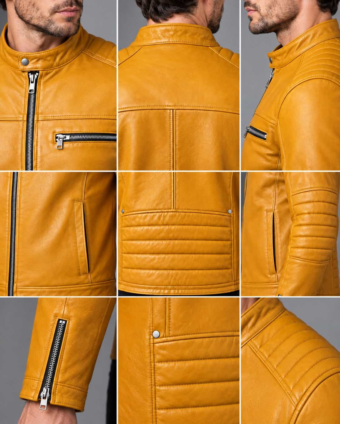 Men's Mustard Yellow Quilted Leather Cafe Racer Jacket closeup view by avanzar leather