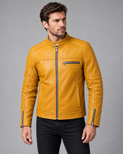 Men's Mustard Yellow Quilted Leather Cafe Racer Jacket front view by avanzar leather