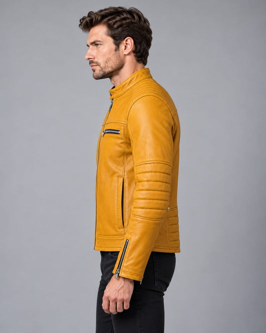 Men's Mustard Yellow Quilted Leather Cafe Racer Jacket sid view by avanzar leather