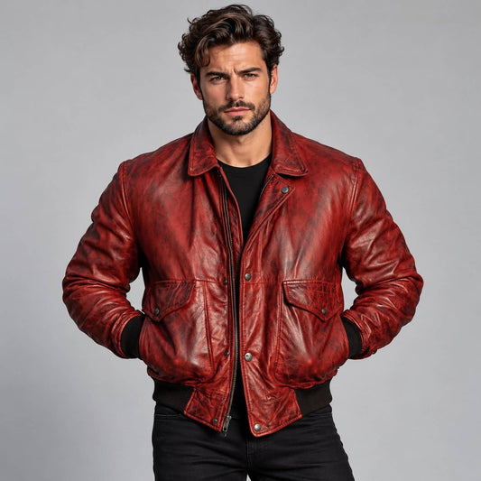 Men's Red Distressed Sheepskin Leather Bomber Jacket front view by avanzar leather