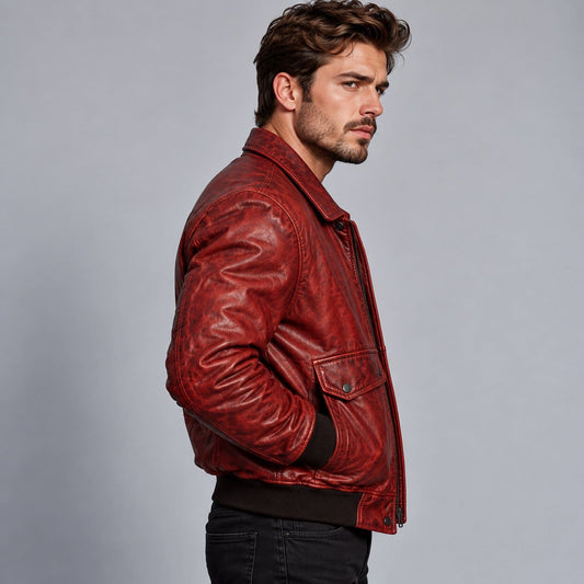 Men's Red Distressed Sheepskin Leather Bomber Jacket sid view by avanzar leather