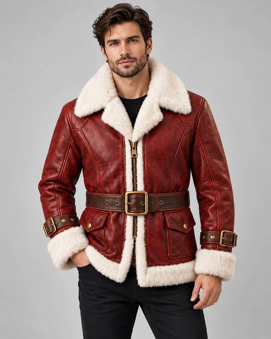 Men's Red Leather Santa Claus Coat with Belt & Shearling-Style Trim front view by avanzar leather
