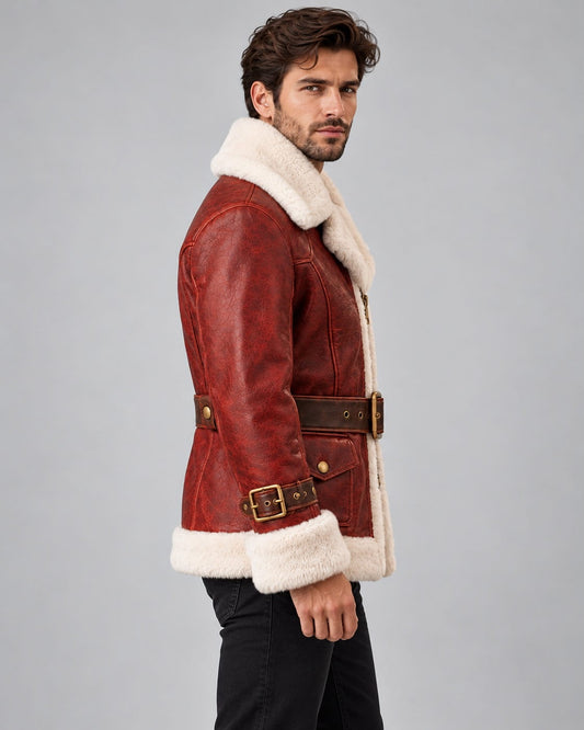 Men's Red Leather Santa Claus Coat with Belt & Shearling-Style Trim sid view by avanzar leather