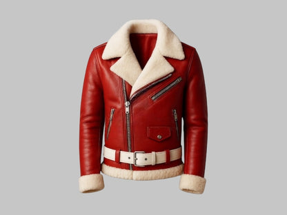 Men's Red Leather Shearling Santa Biker Jacket with Belt