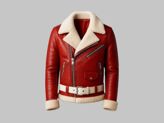 Men's Red Leather Shearling Santa Biker Jacket with Belt