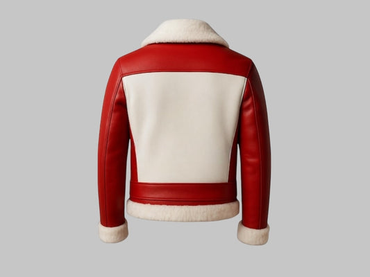Men's Red Leather Shearling Santa Biker Jacket with Belt