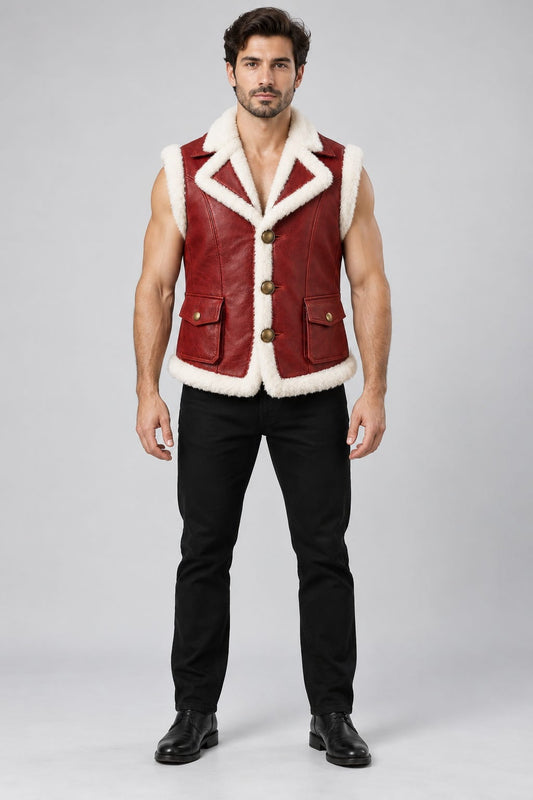 Men's Red Santa Leather Vest with White Faux Fur Trim front view by avanzar leather