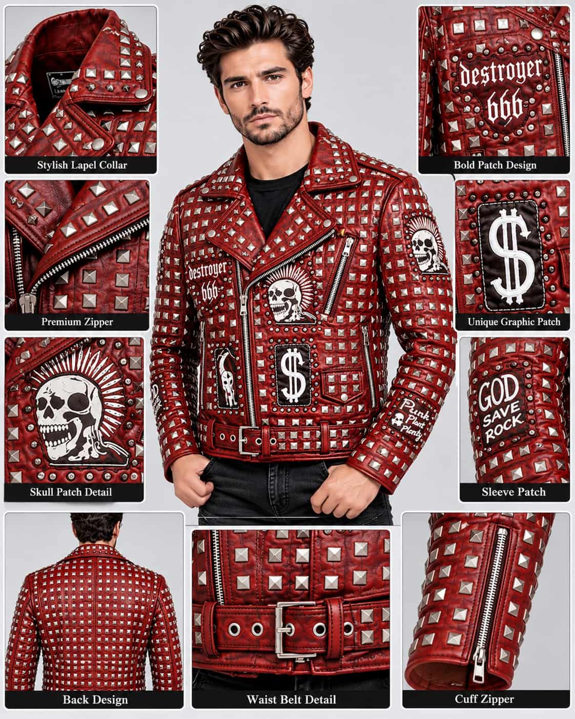 Men's Red Studded Leather Jacket with Skull Patches anatomy view by avanzar leather
