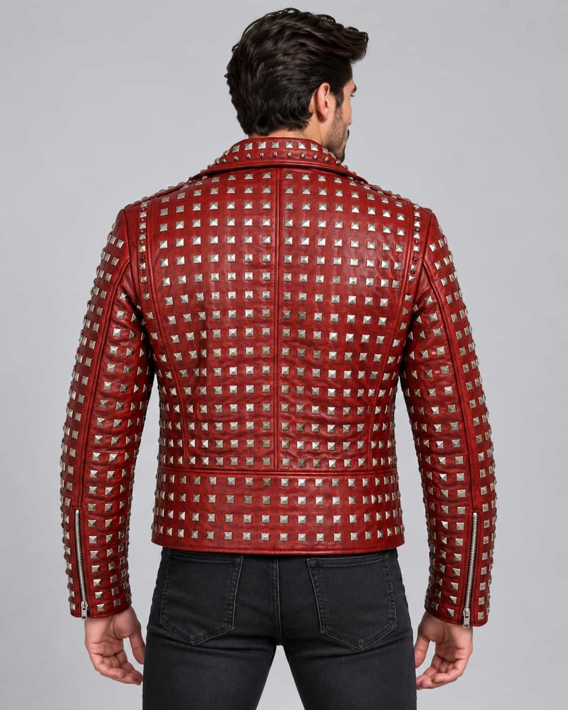 Men's Red Studded Leather Jacket with Skull Patches back view by avanzar leather