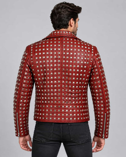 Men's Red Studded Leather Jacket with Skull Patches back view by avanzar leather
