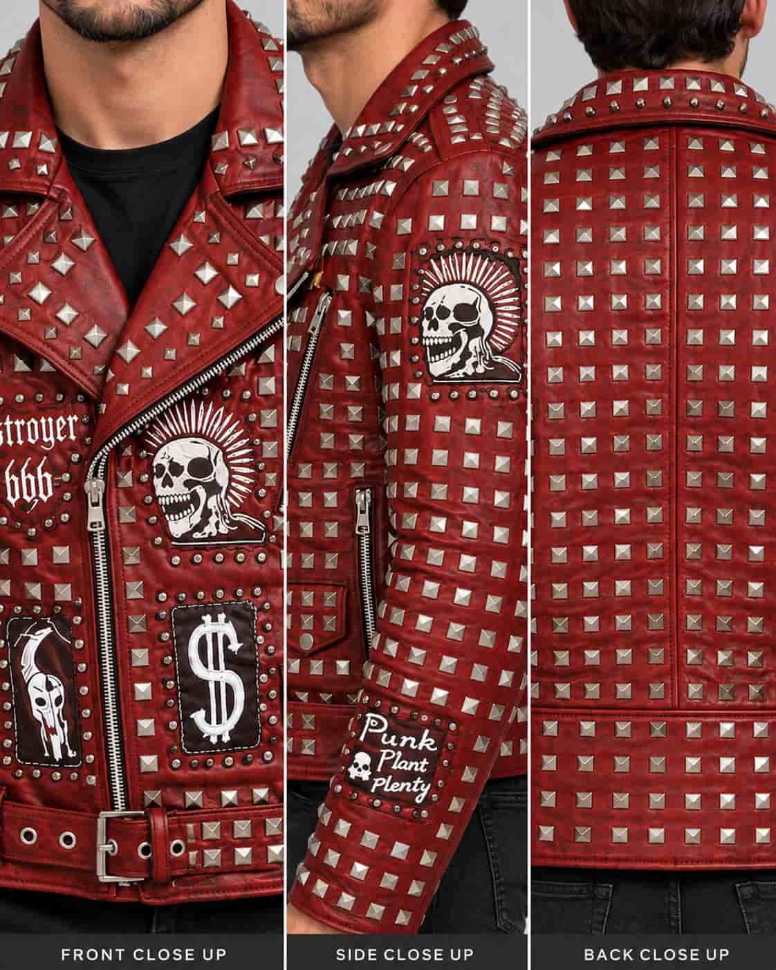 Men's Red Studded Leather Jacket with Skull Patches closeup view by avanzar leather