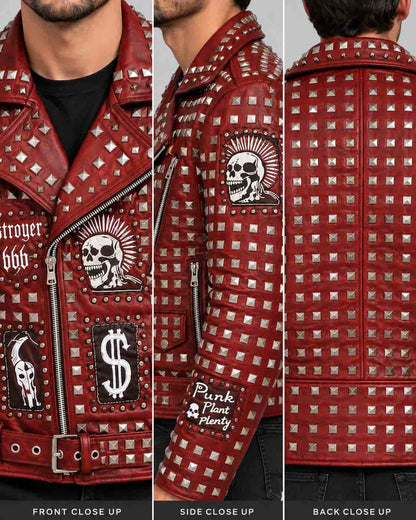 Men's Red Studded Leather Jacket with Skull Patches closeup view by avanzar leather