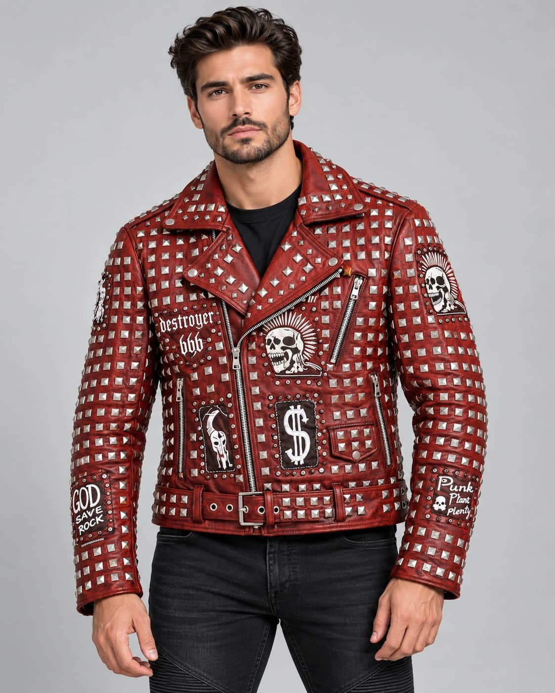 Men's Red Studded Leather Jacket with Skull Patches front view by avanzar leather