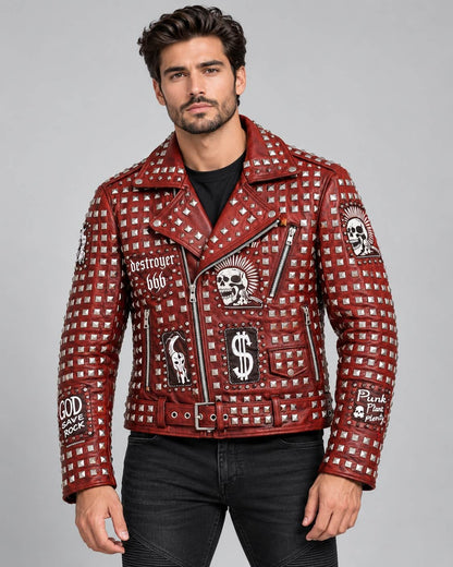 Men's Red Studded Leather Jacket with Skull Patches front view by avanzar leather