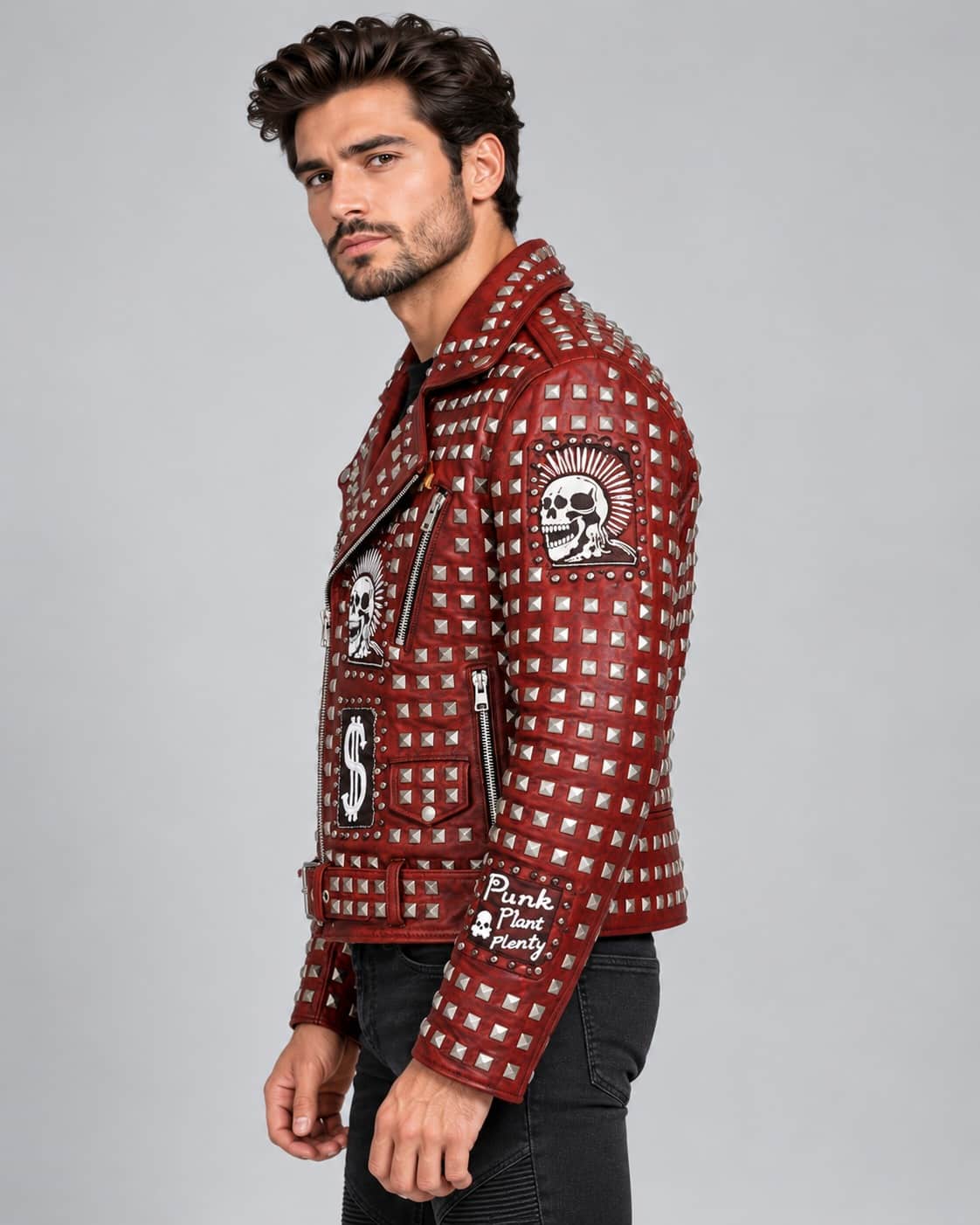Men's Red Studded Leather Jacket with Skull Patches sid view by avanzar leather