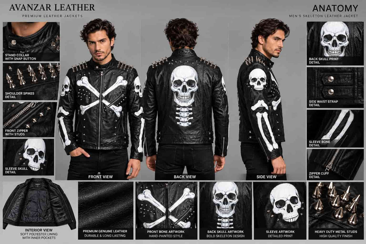 Men's Spiked Leather Jacket with Skeleton Print anatomy view by avanzar leather