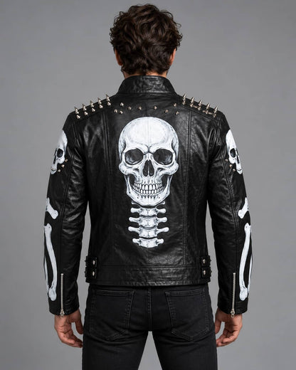 Men's Spiked Leather Jacket with Skeleton Print back view by avanzar leather