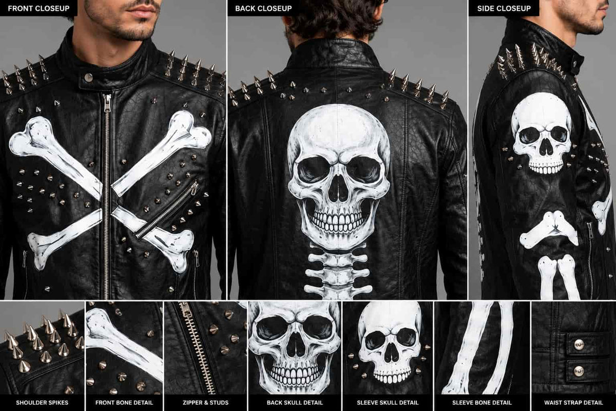 Men's Spiked Leather Jacket with Skeleton Print closeup view by avanzar leather