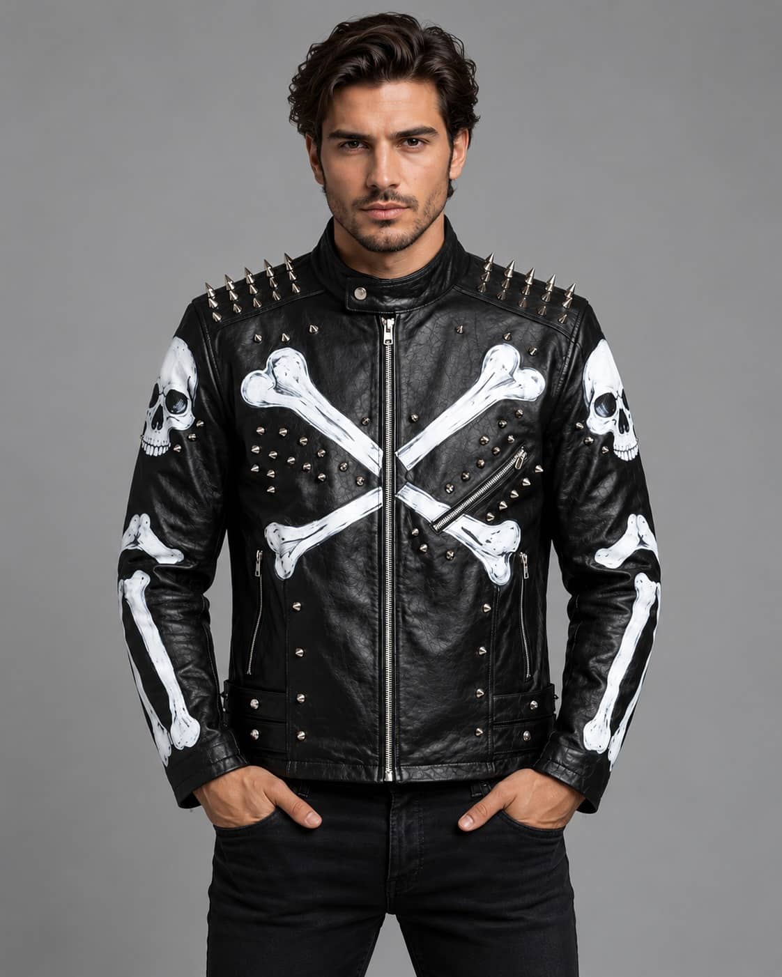 Men's Spiked Leather Jacket with Skeleton Print front view by avanzar leather