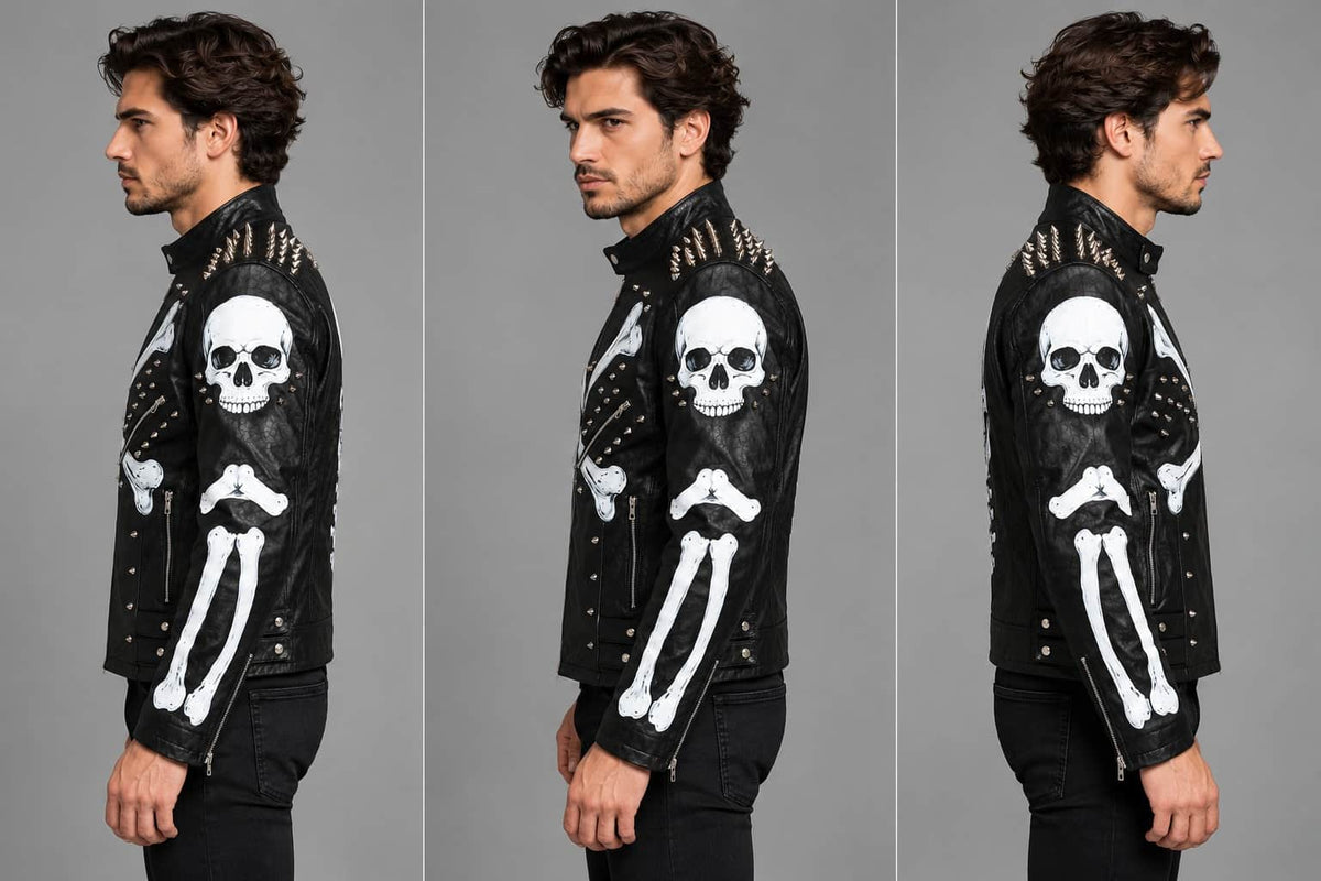Men's Spiked Leather Jacket with Skeleton Print sid view by avanzar leather