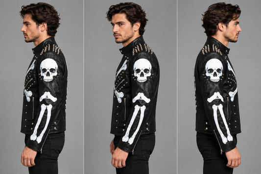 Men's Spiked Leather Jacket with Skeleton Print sid view by avanzar leather