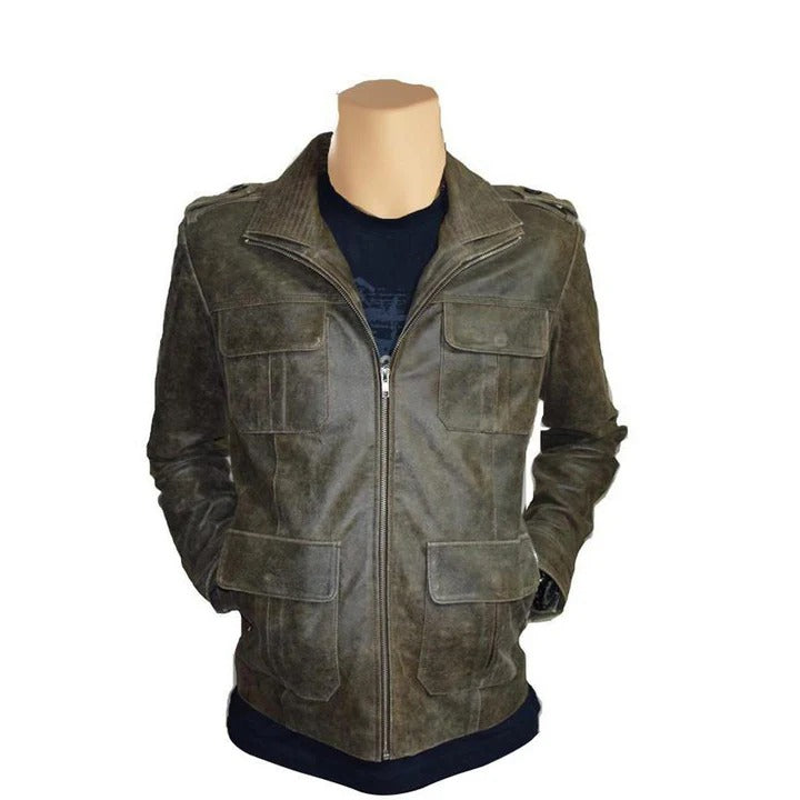 Men’s Vintage Distressed Brown Leather Jacket Classic Rugged Outerwear