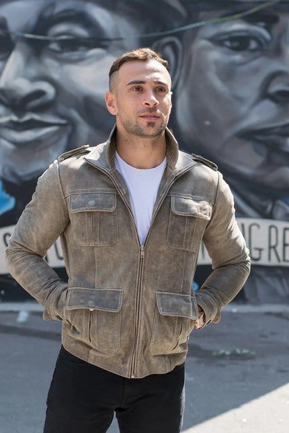 Men’s Vintage Distressed Brown Leather Jacket Classic Rugged Outerwear