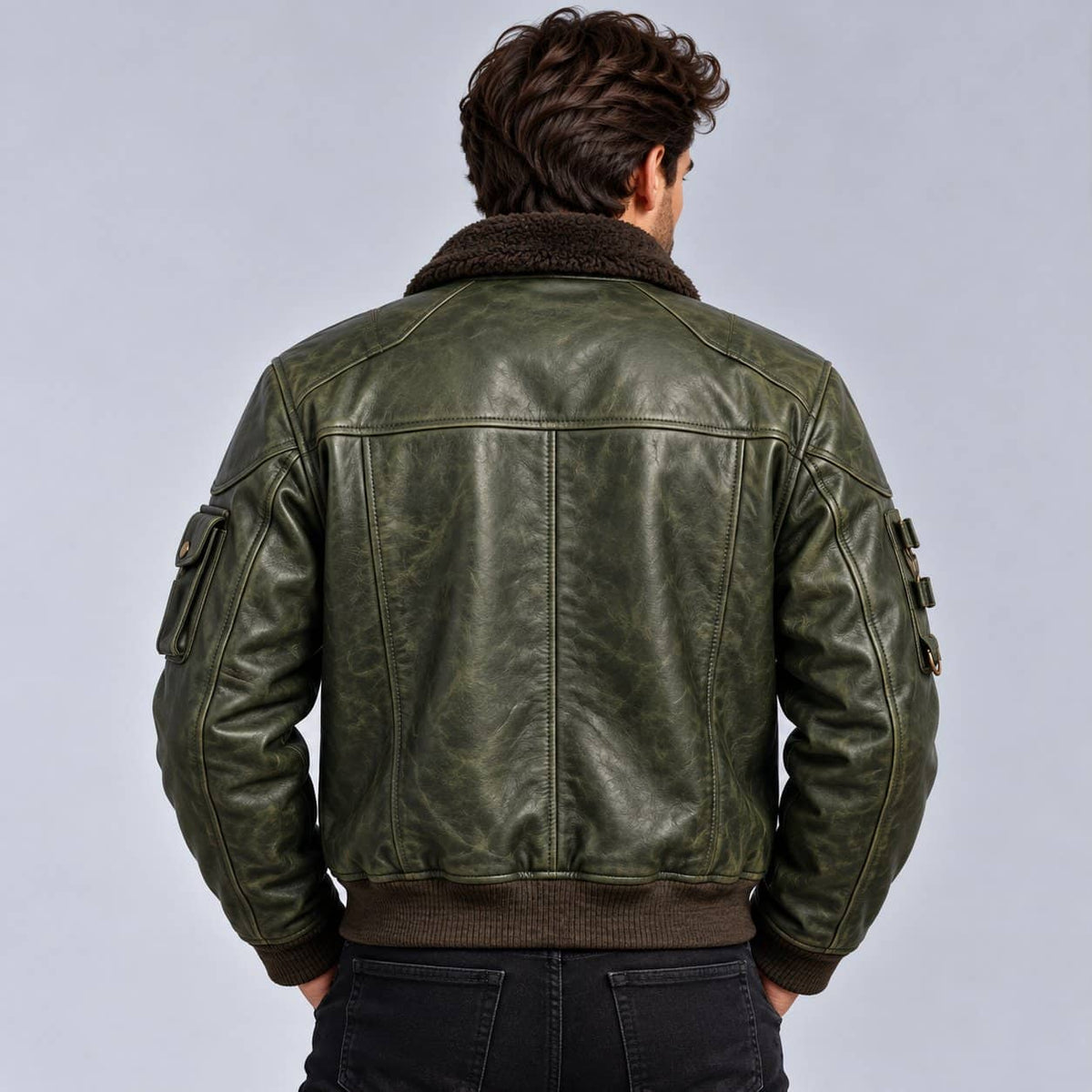 Men's Vintage Olive Green Leather Flight Bomber Jacket with Fur Collar back view by avanzar leather