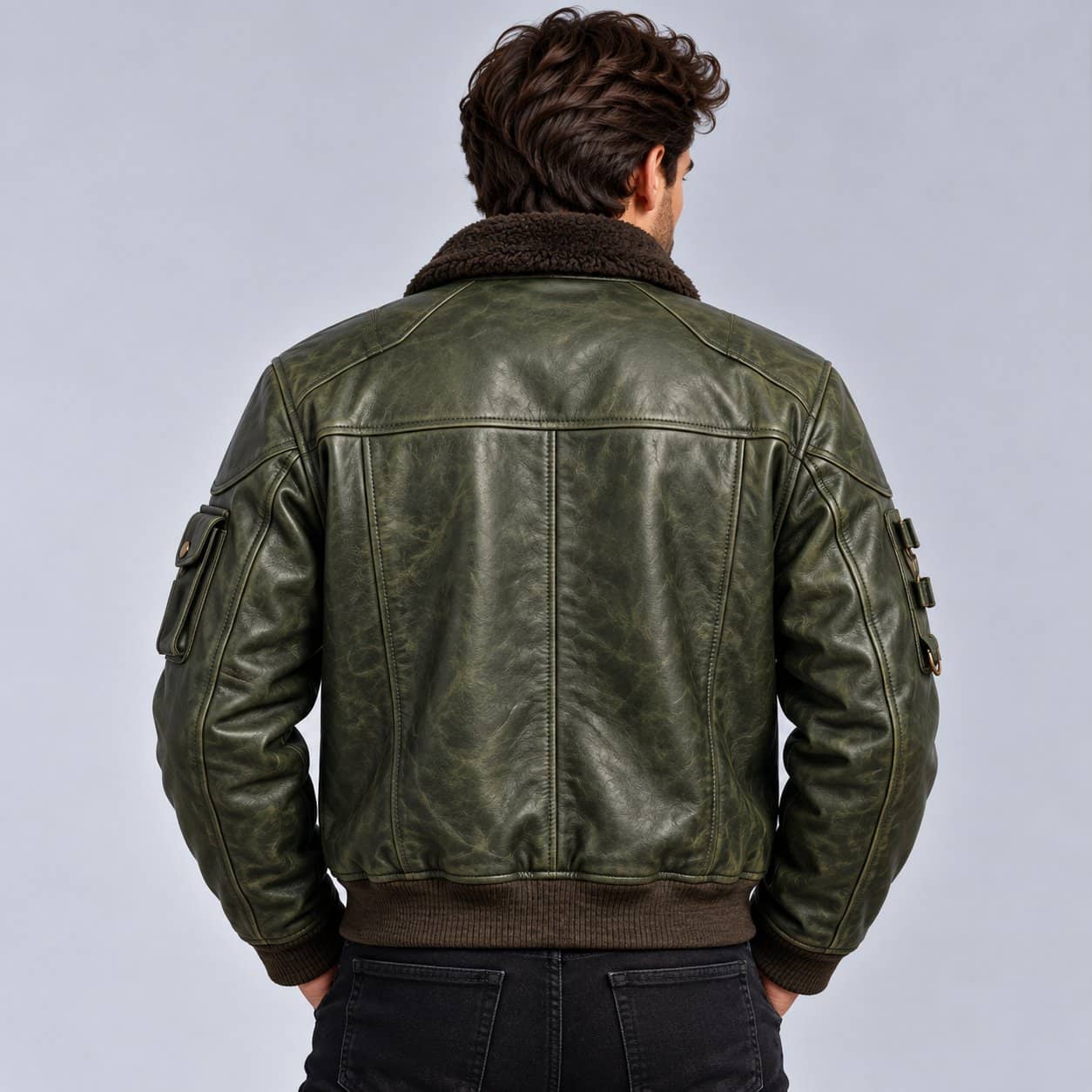 Men's Vintage Olive Green Leather Flight Bomber Jacket with Fur Collar back view by avanzar leather