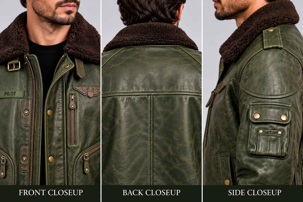 Men's Vintage Olive Green Leather Flight Bomber Jacket with Fur Collar closeup view by avanzar leather