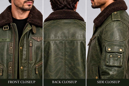 Men's Vintage Olive Green Leather Flight Bomber Jacket with Fur Collar closeup view by avanzar leather