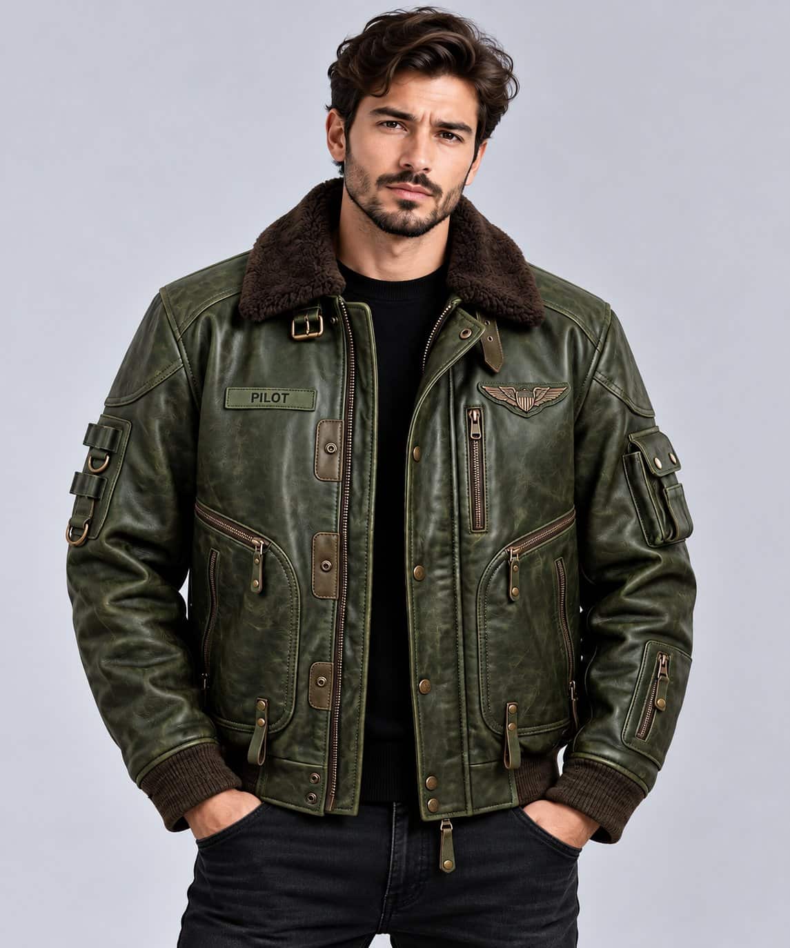 Men's Vintage Olive Green Leather Flight Bomber Jacket with Fur Collar front view by avanzar leather