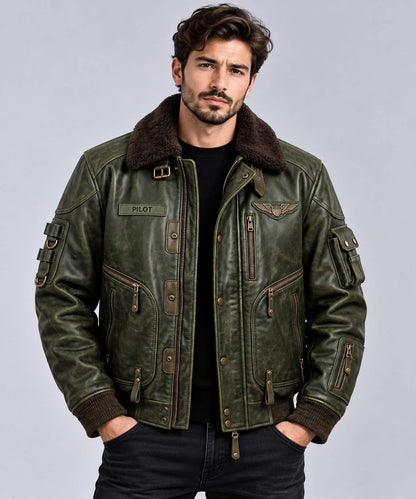 Men's Vintage Olive Green Leather Flight Bomber Jacket with Fur Collar front view by avanzar leather