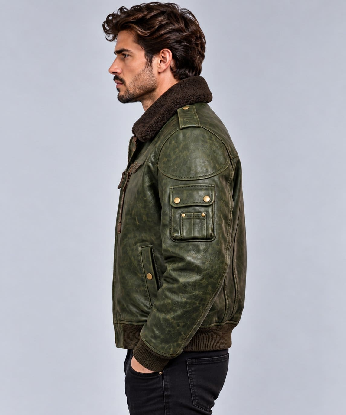 Men's Vintage Olive Green Leather Flight Bomber Jacket with Fur Collar sid view by avanzar leather