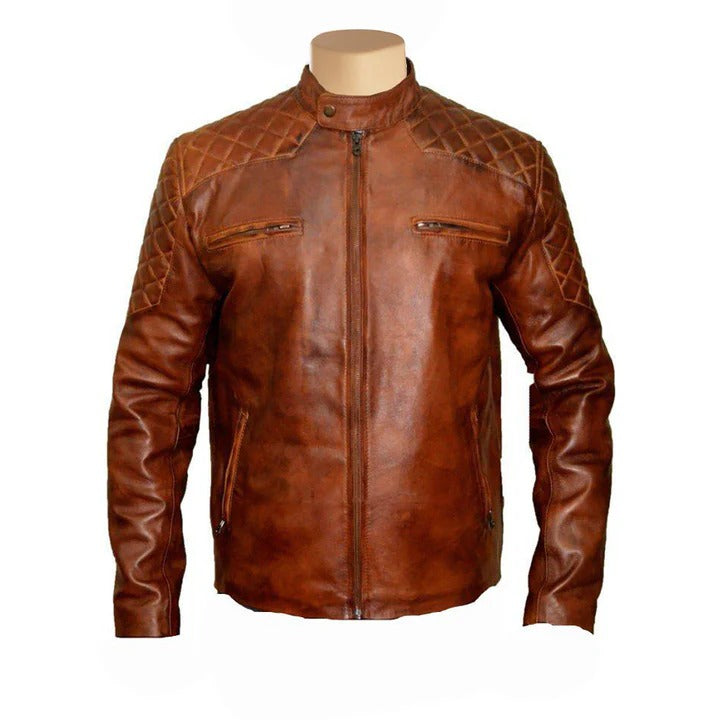 Men’s Vintage Tan Cafe Racer Leather Jacket Classic Brown Moto Style
