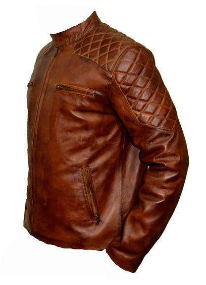 Men’s Vintage Tan Cafe Racer Leather Jacket Classic Brown Moto Style