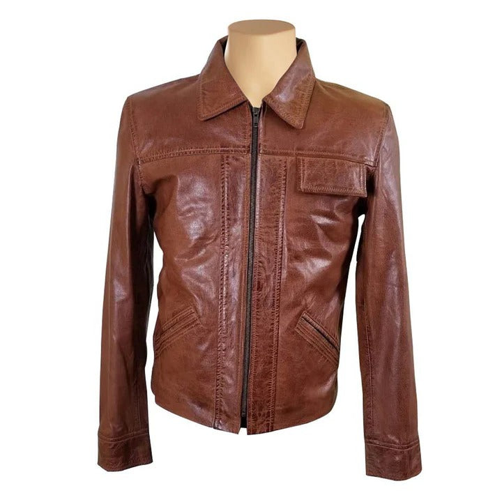 Men’s Washed Brown Leather Jacket Timeless Rugged Style