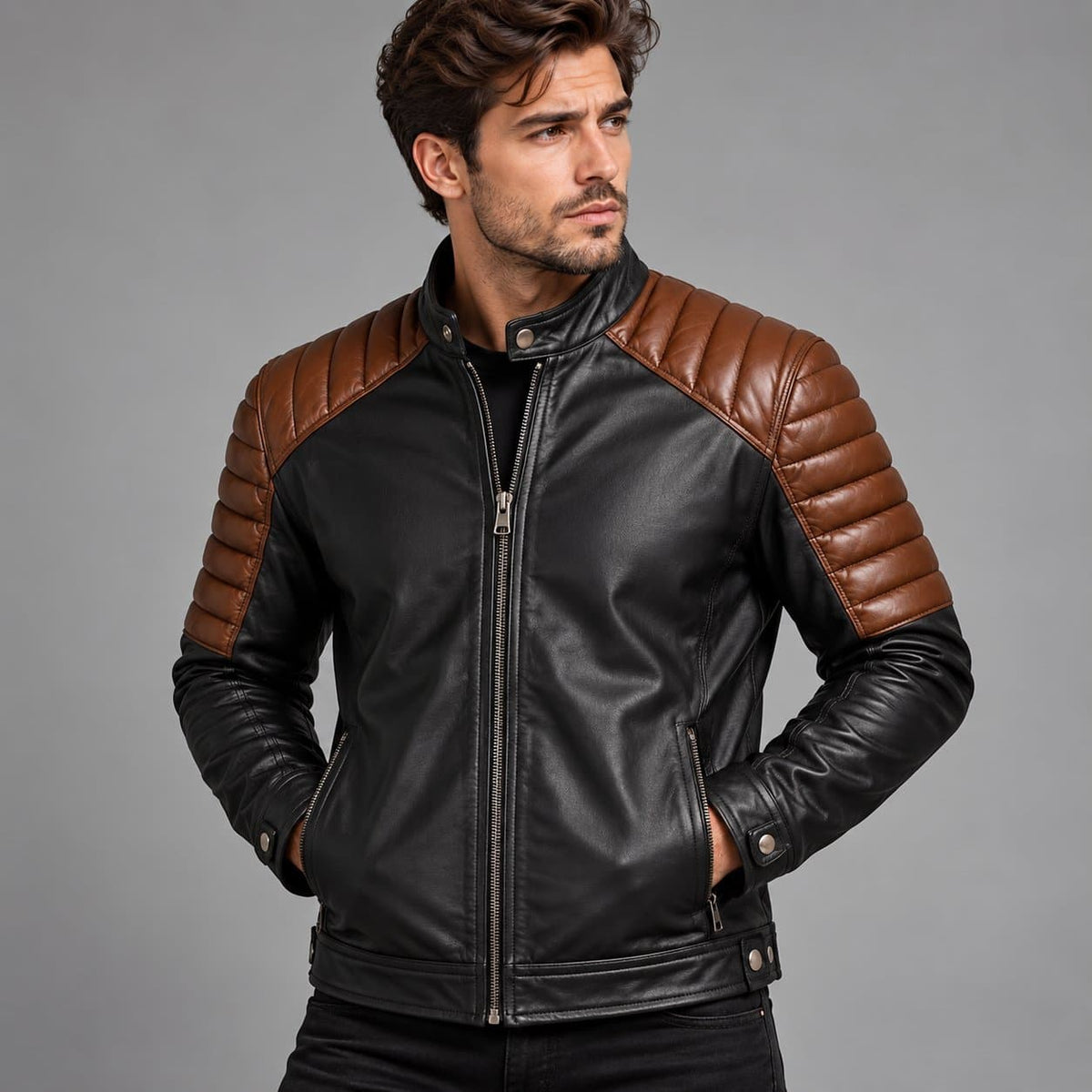 Men's black and brown genuine leather biker jacket with quilted shoulders and sleeves front view