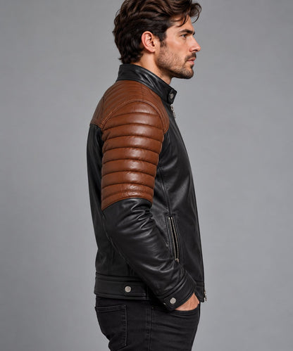 Men's black and brown leather motorcycle jacket with quilted shoulder and sleeve detailing side view