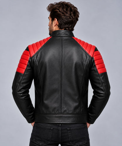 Men’s black and red genuine leather moto jacket back view with quilted shoulder detailing and bold contrasting leather panels