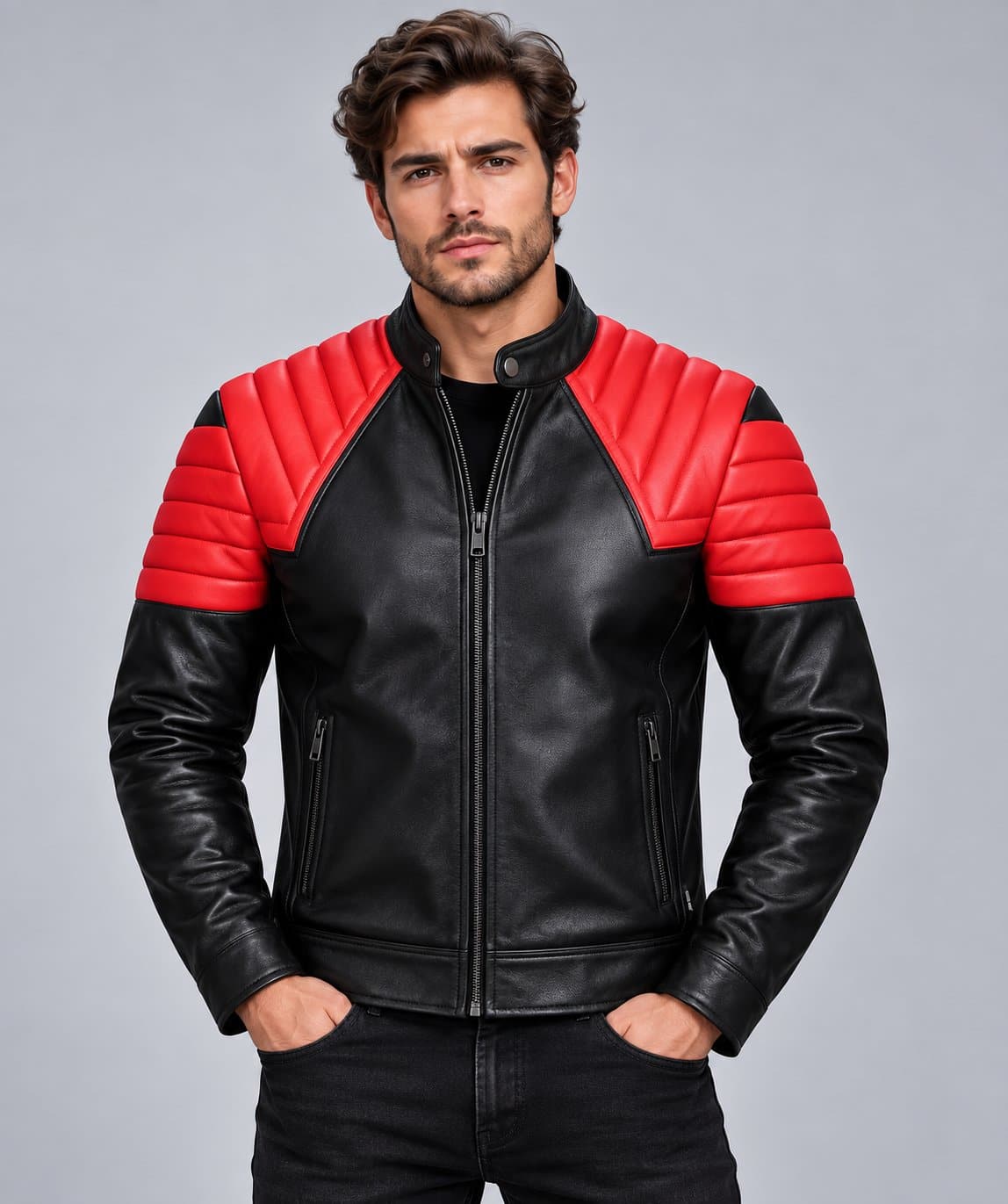 Men’s black and red genuine leather moto jacket front view with quilted shoulders, asymmetrical zipper and sporty motorcycle styling