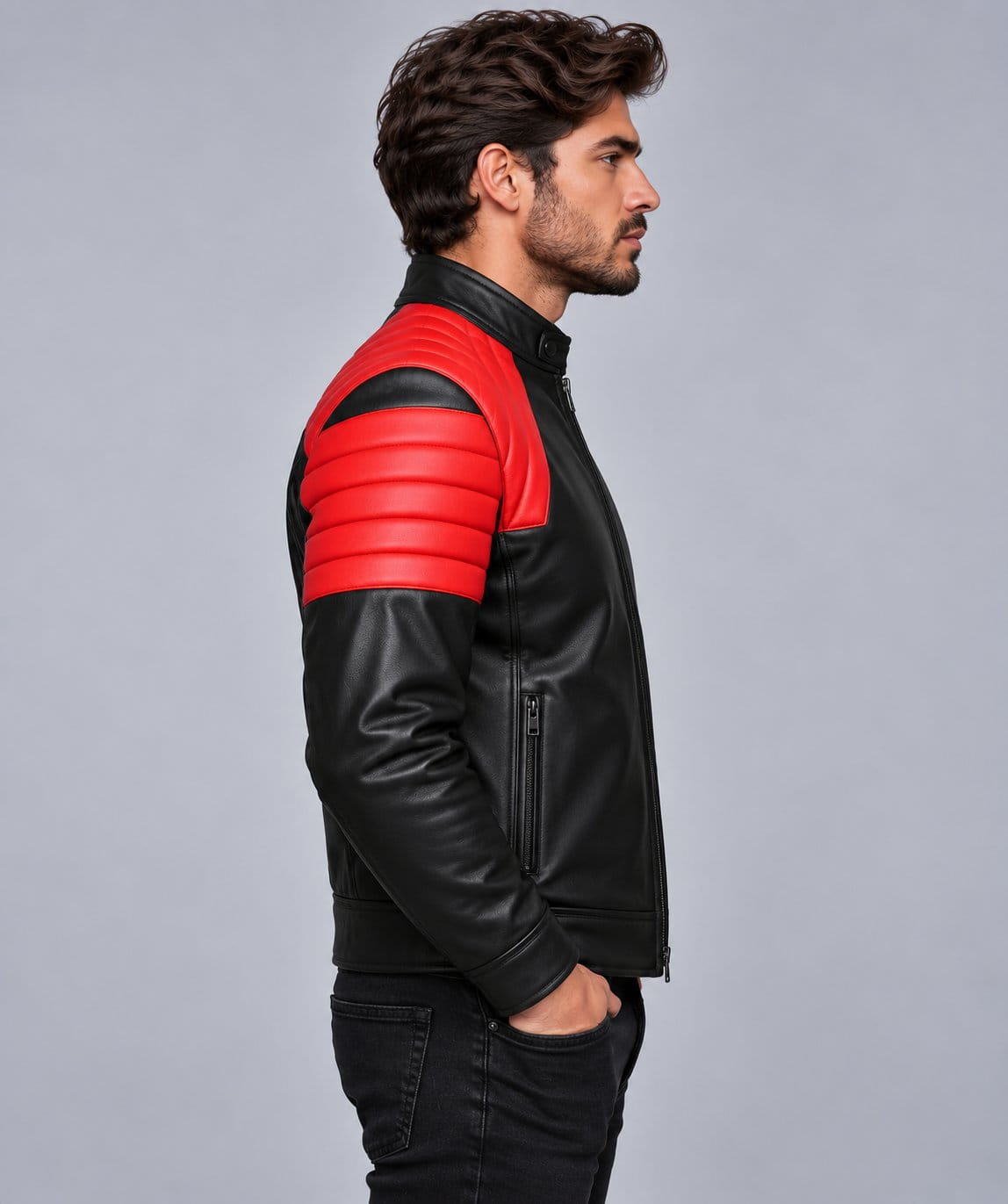 Men’s black and red genuine leather motorcycle jacket side view showing quilted shoulder panels, long sleeves and fitted moto silhouette