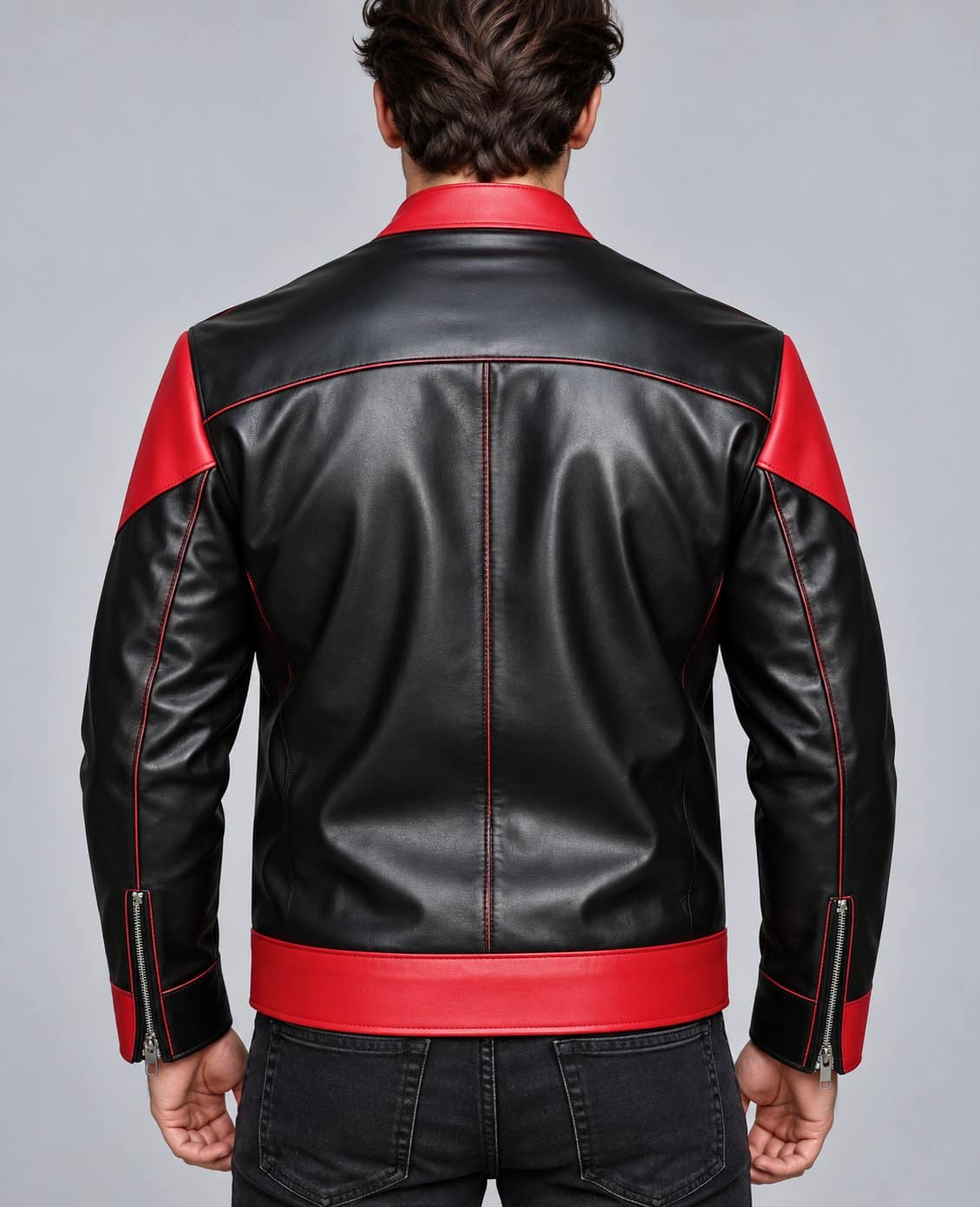 Men’s black and red genuine leather slim fit biker jacket back view with clean panel design and fitted motorcycle jacket silhouette
