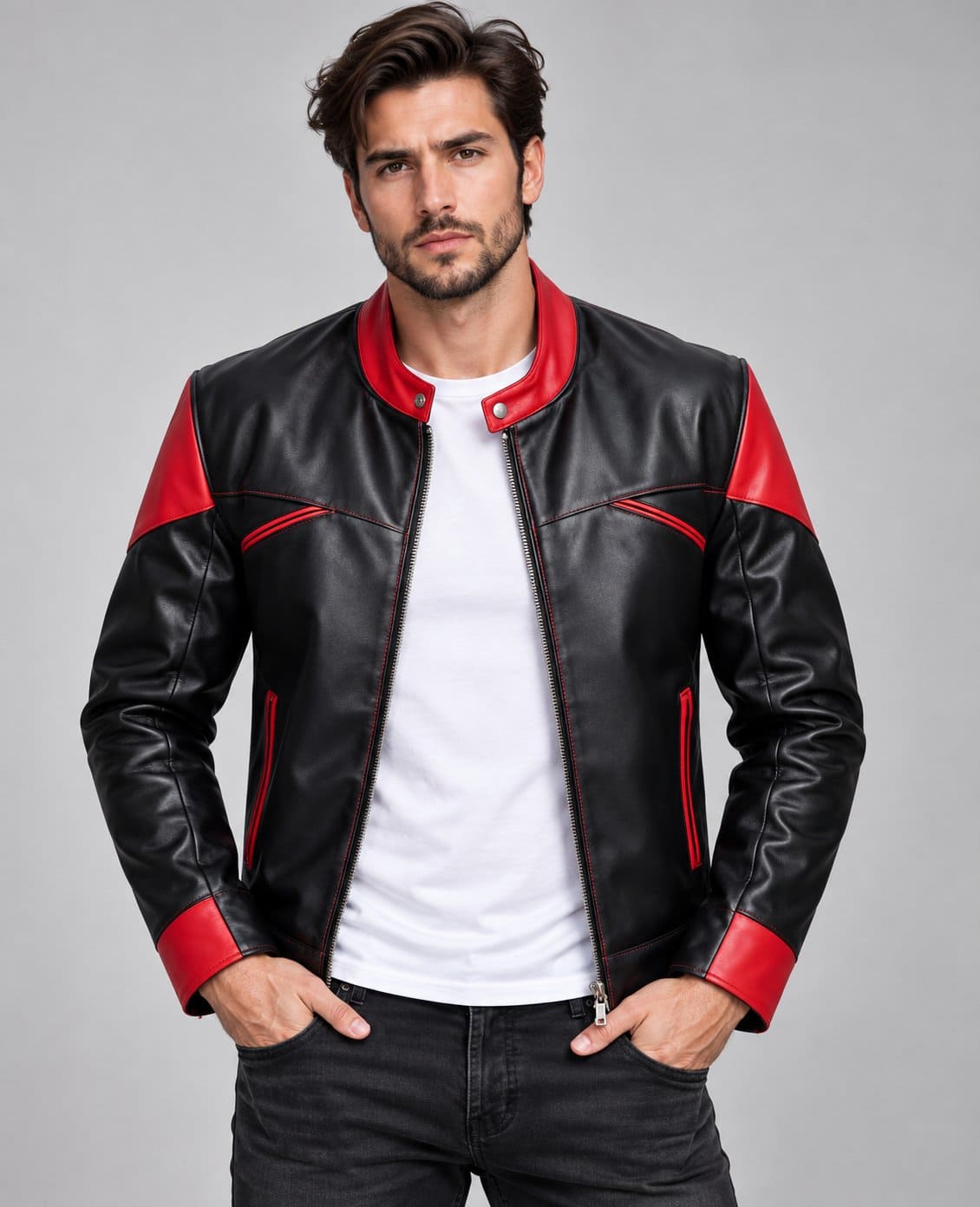 Men’s black and red genuine leather slim fit biker jacket front view with bold contrast panels, zipper closure and modern motorcycle styling