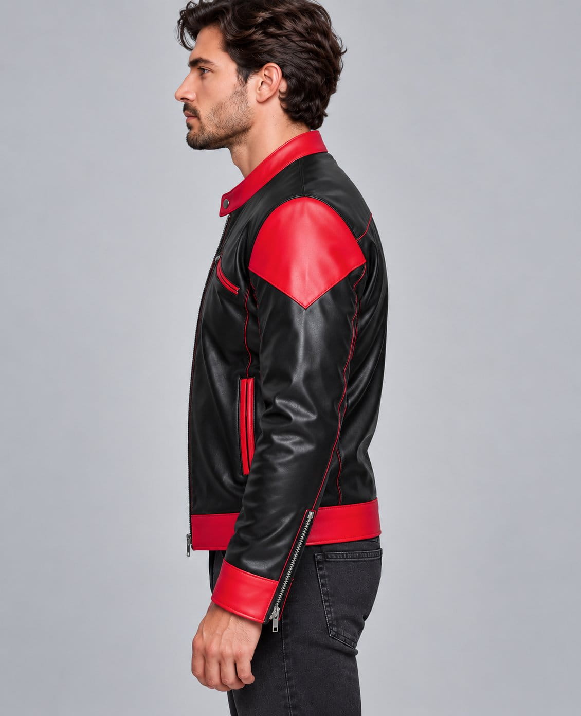 Men’s black and red genuine leather slim fit biker jacket side view showing tailored silhouette, long sleeves and contrasting leather panels