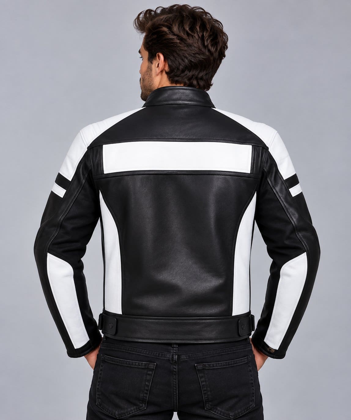 Men’s black and white genuine leather motorcycle racing jacket back view with bold racing panels and clean leather finish
