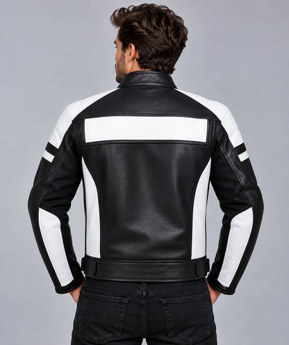 Men’s black and white genuine leather motorcycle racing jacket back view with bold racing panels and clean leather finish