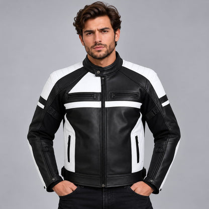 Men’s black and white genuine leather motorcycle racing jacket front view with bold color blocking, racing design and zipper closure